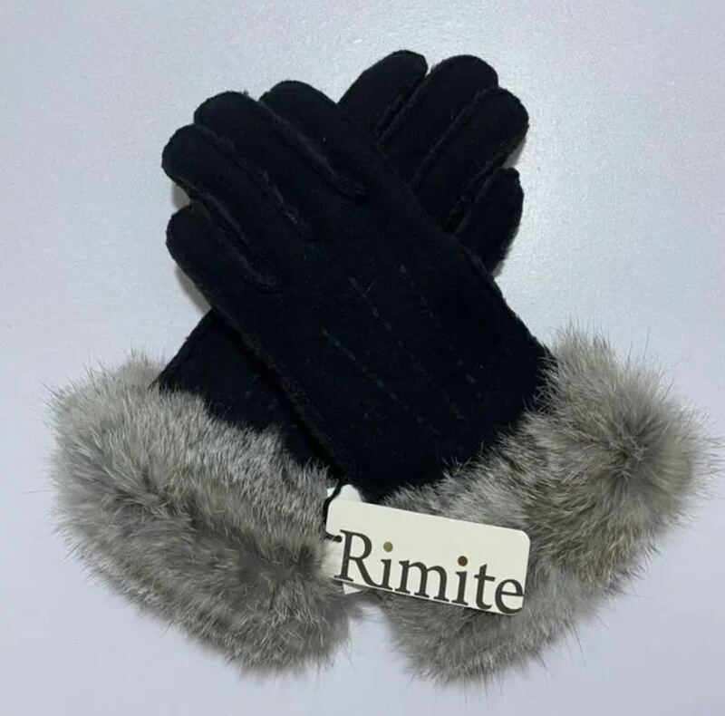 z6 新品【 Rimite 】婦人用 ファー付き あったか 手袋 レディース 21～22cm 黒 ブラック カジュアル ふわふわ 暖か