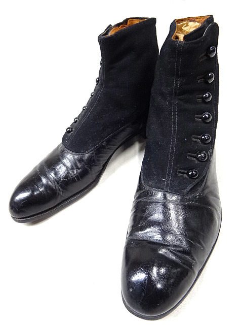 ビンテージ ウォークオーバー 希少 1900S 10S 20S ヴィクトリアン ボタン アップ ウール レザー ブーツ シューズ 黒 ブラック スーツ 靴 