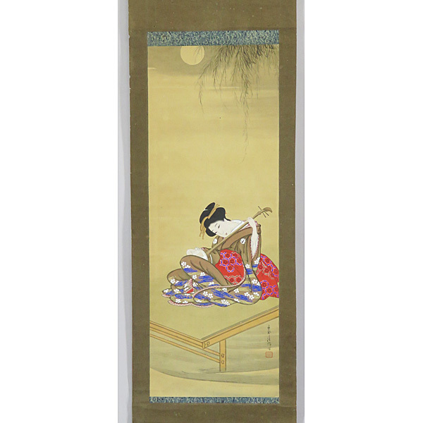 B-828【真筆】香琴筆(法橋) 肉筆紙本 美人図 掛軸／日本画 浮世絵 大和絵 風俗画 書画