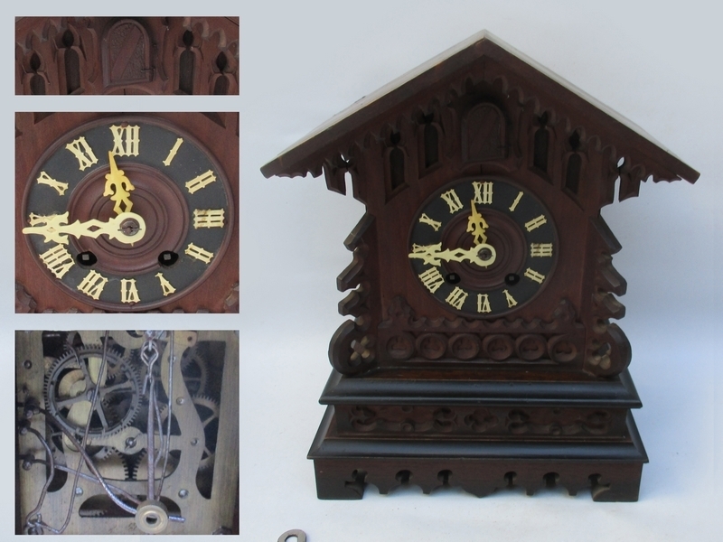 時代■古い 鳩時計[ハト 置時計] ■天然木 ゼンマイ 振り子 時計 彫 メーカー不明 動作 6640■