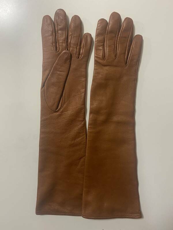 【美品】イタリア製　レディース　レザーロンググローブ PICARO'S GLOVES 茶色　革手袋　サイズ7　シルク裏地
