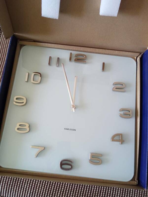 【時計】 オランダ KARLSSON カールソン ガラス製 角型掛時計 ホワイト 未使用