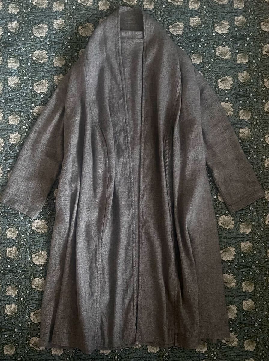 ネストローブ　麻　カシミヤ　コート　ヘリンボーン　ショールカラー　グレー　ベルト　ロング　リネン　日本製　nest Robe