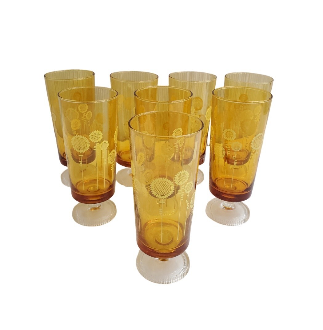 ADERIA COLOR アデリア アンバー カラーグラス ひまわり 向日葵 8客セット 脚付グラス タンブラー 昭和レトロ 当時物