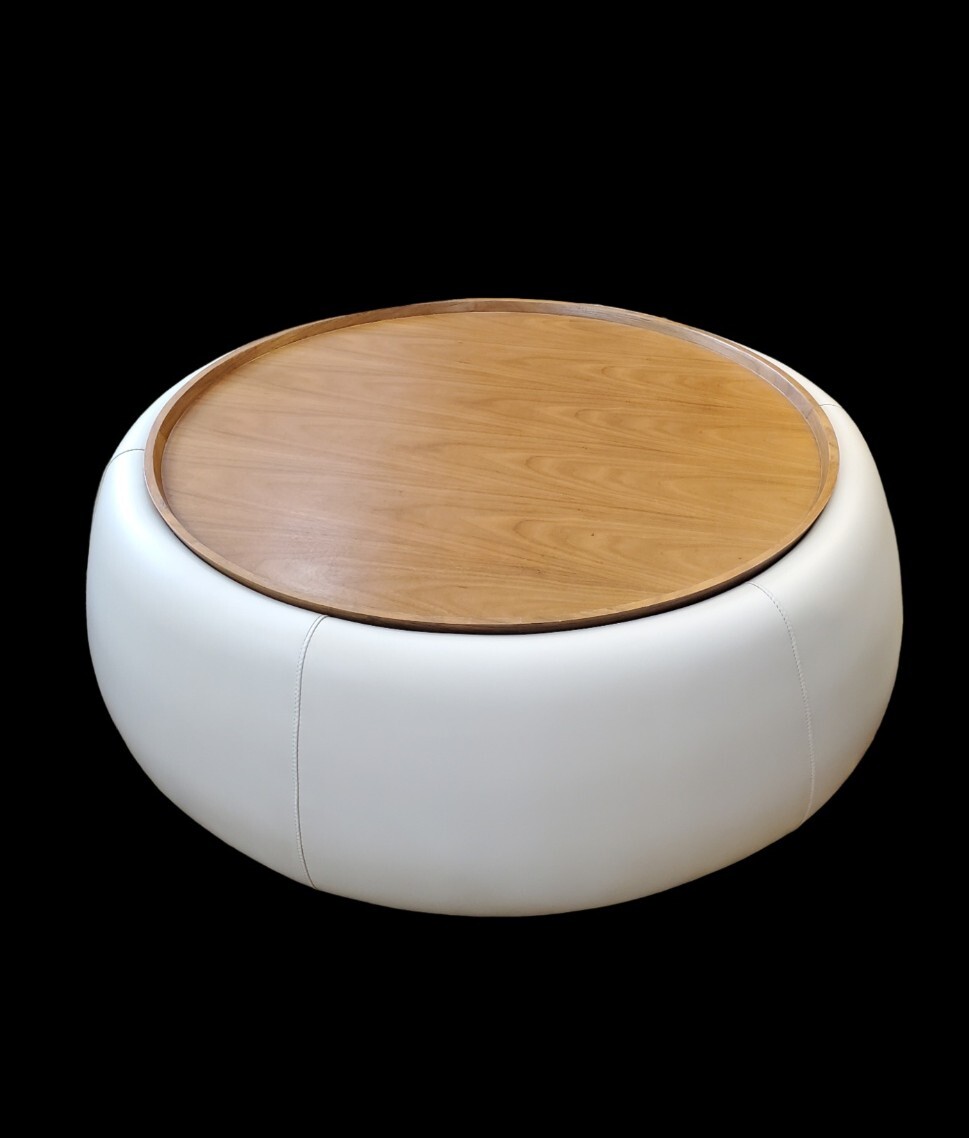 ドラムコーヒーテーブル レザー 木製天板 収納付き ラウンドテーブル 白 ホワイト ローテーブル 円形 リビング 検) 北欧 アスプルンド