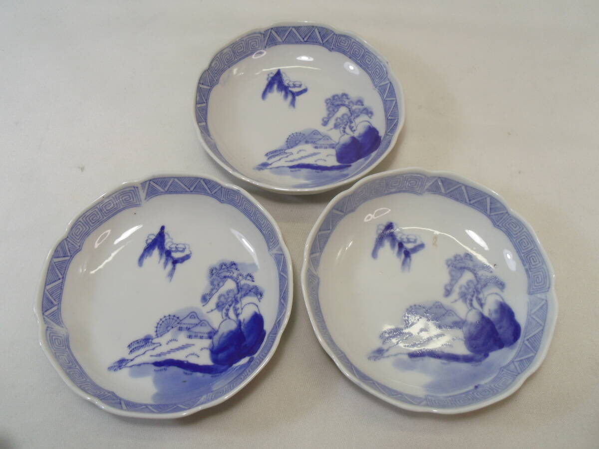 J98◇なます皿◇客◇染付　山水画◇３客◇小皿　なます鉢◇和食器 和骨董 料理食器 アンティーク 当時物◇送料690円◇
