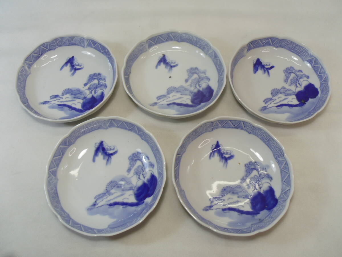 J99◇なます皿◇客◇染付　山水画◇５客◇小皿　なます鉢◇和食器 和骨董 料理食器 アンティーク 当時物◇送料690円◇