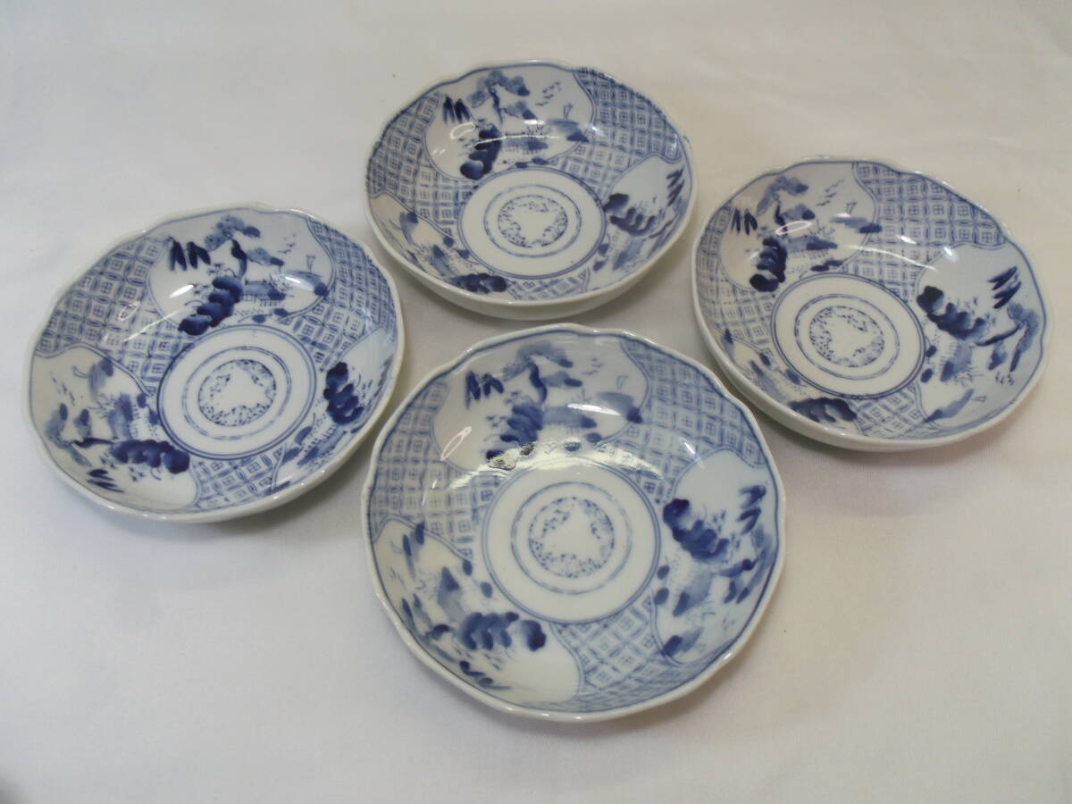 J106◇なます皿◇4客◇松竹梅◇山水画◇直径15.5cm◇小皿　なます鉢◇和食器 和骨董 料理食器 アンティーク 当時物◇送料690円◇