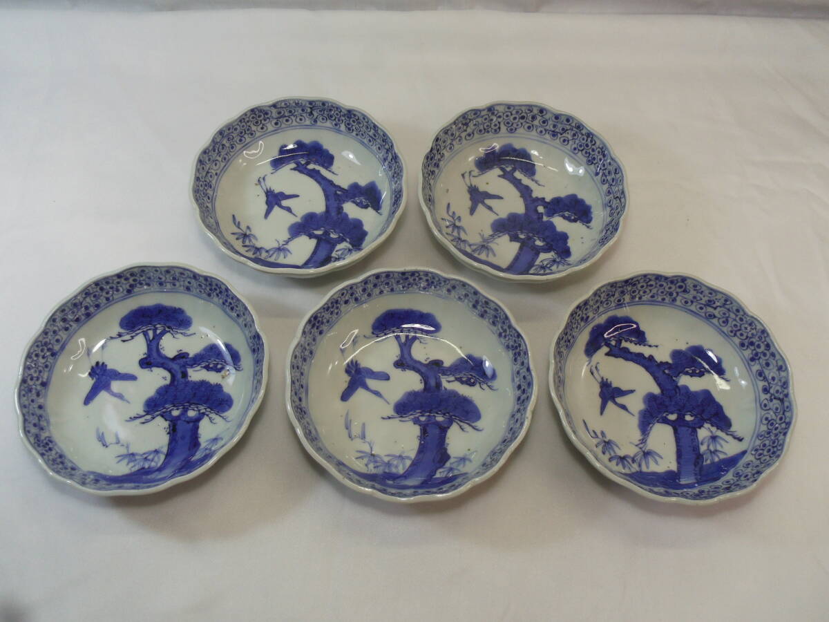 J107◇なます皿◇５客◇唐草文様◇松竹鳥柄◇直径16cm◇小皿　なます鉢◇和食器 和骨董 料理食器 アンティーク 当時物◇送料690円◇
