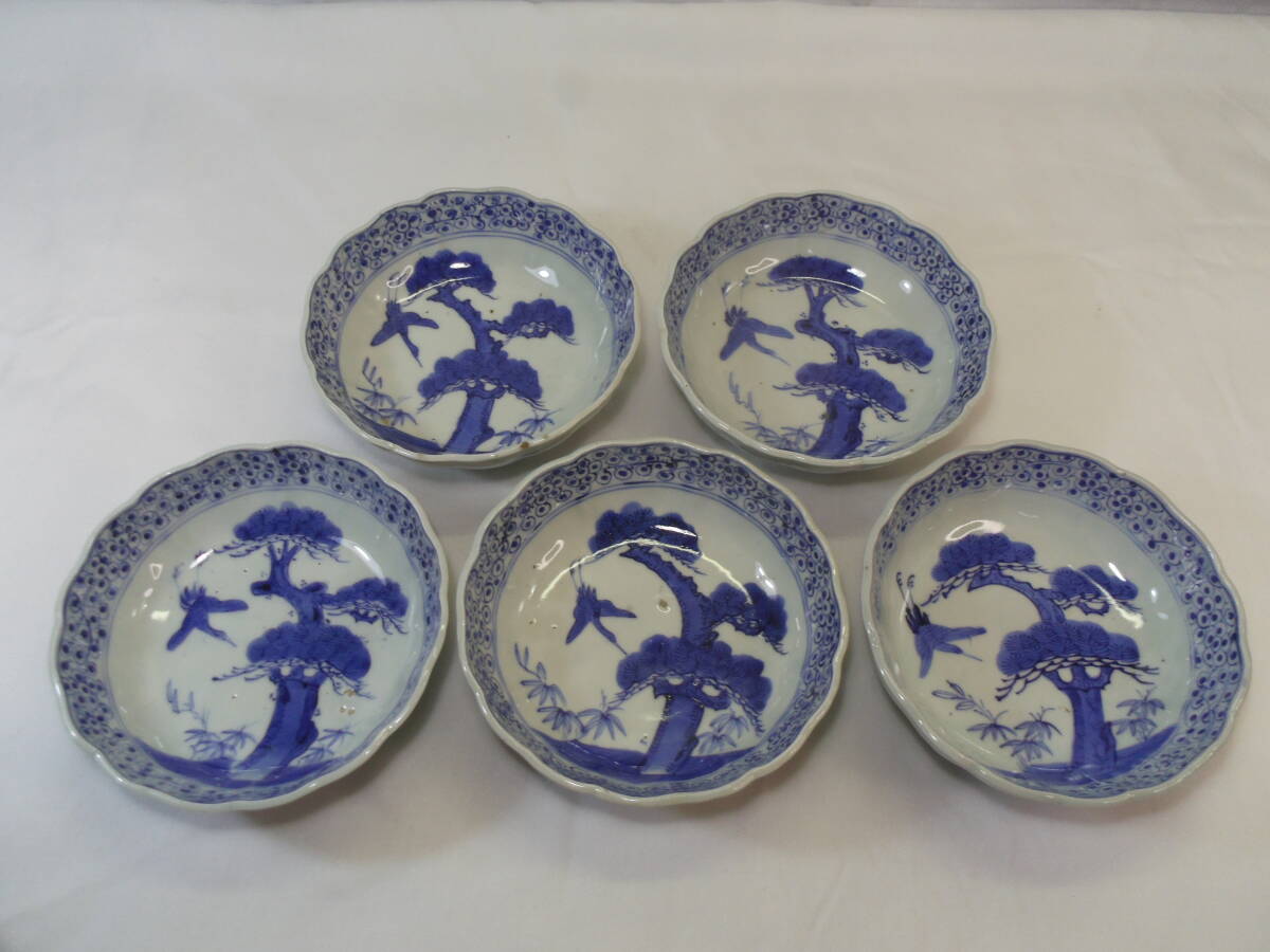 J109◇なます皿◇５客◇唐草文様◇松竹鳥柄◇直径16cm◇小皿　なます鉢◇和食器 和骨董 料理食器 アンティーク 当時物◇送料690円◇