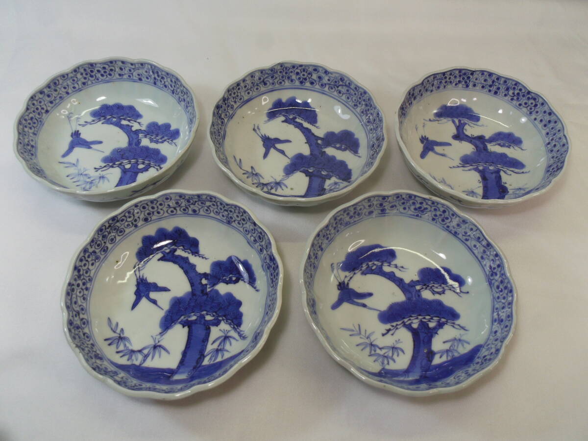  J108◇なます皿◇５客◇唐草文様◇松竹鳥柄◇直径16cm◇小皿　なます鉢◇和食器 和骨董 料理食器 アンティーク 当時物◇送料690円◇