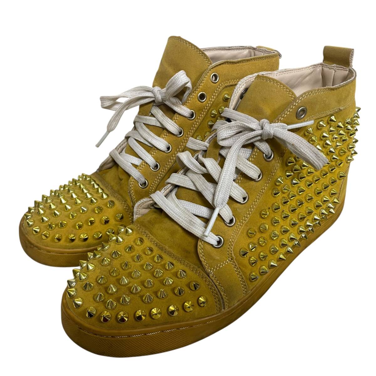 ◆ Christian Louboutin クリスチャン・ルブタン サイズ40 スタッズ スエード ハイカット スニーカー メンズ イエロー 中古品◆ V105169NL
