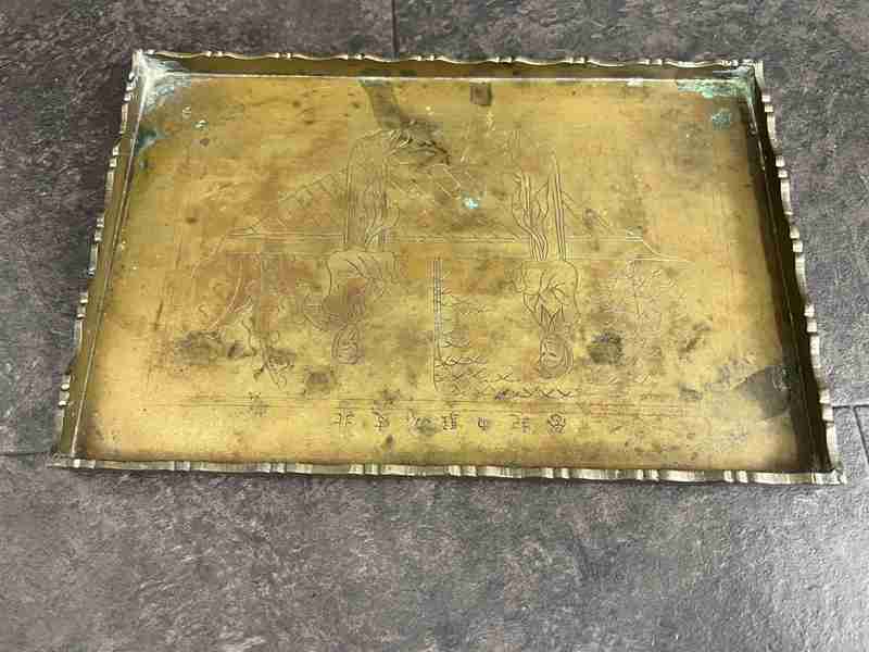 ct13297　アンティークプロンズ彫刻トレイ　中国のビンテージホームデコレーション　真鍮製トレイ