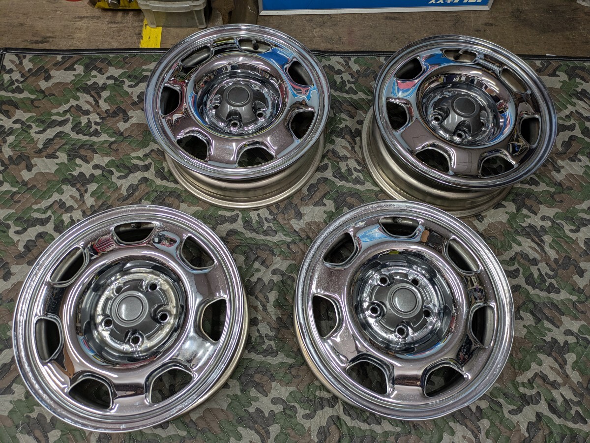 車種不明 16インチ 5穴 スチール メッキホイール 鉄チン 4本セット中古現状品トヨタ純正センターキャップ付（刻印 J 166JJ DOT10 95EF ）