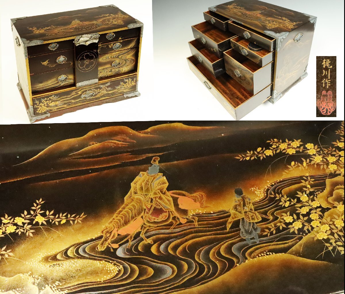 【ASAHI】徳川家御抱蒔絵師 梶川作 金蒔絵研ぎ出し 銀金具 引き出し付き小箱 硯箱 江戸時代大名道具[A161epp]