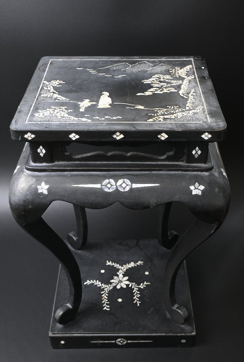 古い螺鈿山水高卓　飾台　漆巧芸品
