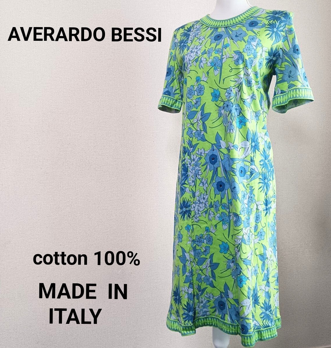 【B330】 AVERARDO BESSI アヴェラルドベッシ　花柄 ワンピース 半袖　総柄　コットン100%　イタリア製　44サイズ　日本L~XL相当