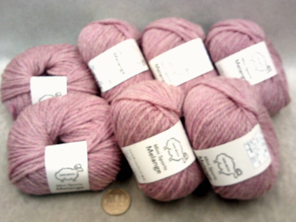 ☆ミニスポーツメランジ203☆純毛並太毛糸☆ピンク色３０ｇ×７玉