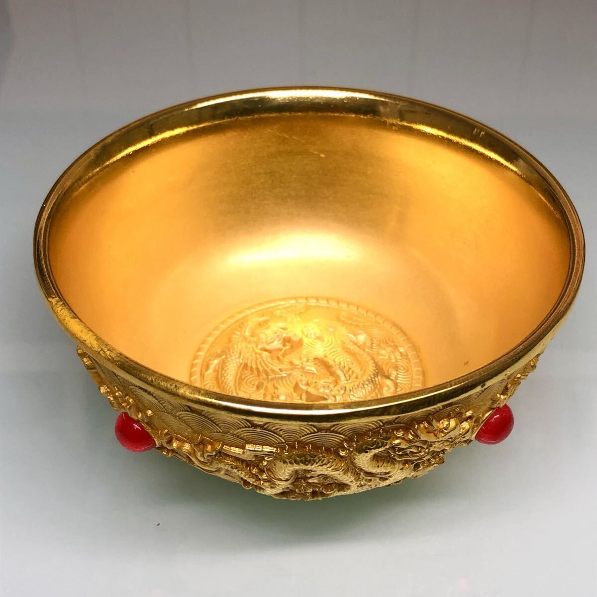 古美術　金わん　東西南北四柱宝石 鎮座 龍鳳彫刻　清国 乾隆年 茶碗　吉祥花紋 流金鎮座 金身付体　縁起物　インテリア　供養 供奉 開運