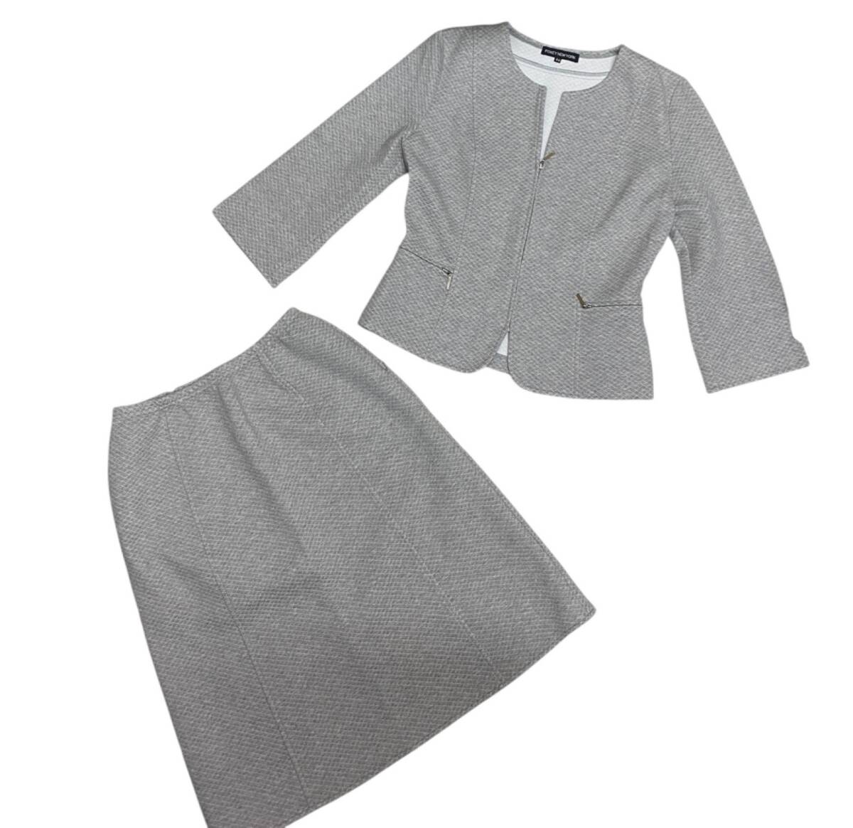 FOXEY NEW YORK フォクシーニューヨーク スカートスーツ 42/40サイズ　グレー系 ノーカラージャケット 長袖ジャケット セットアップ