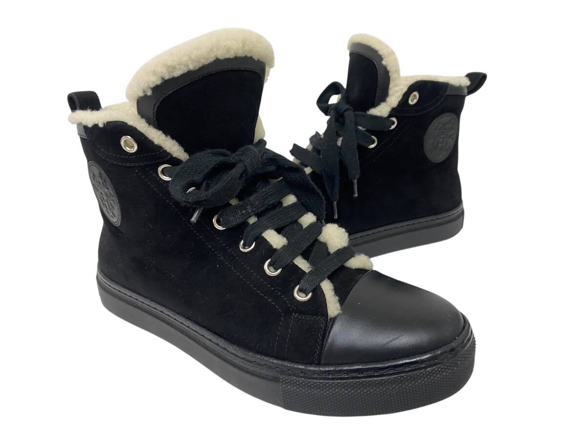 美品●HERMES エルメス ハイカット ムートンスニーカー 37サイズ JIMMY ジミー ムートンシューズ スエード ロゴパッチ セリエ 箱付き