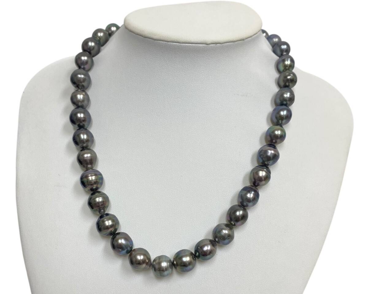 大粒◎K14WG金具 ブラックパールネックレス 約9ミリ～12ミリ玉 天然真珠 14金クラスプ バロック 大ぶり パールネックレス