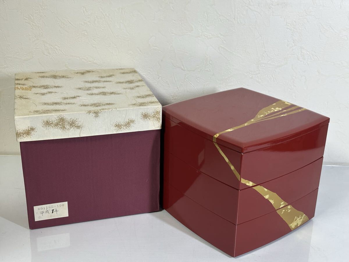 未使用 保管品 朱 あけぼの 3段重箱 091165-100 おせち 箱入り