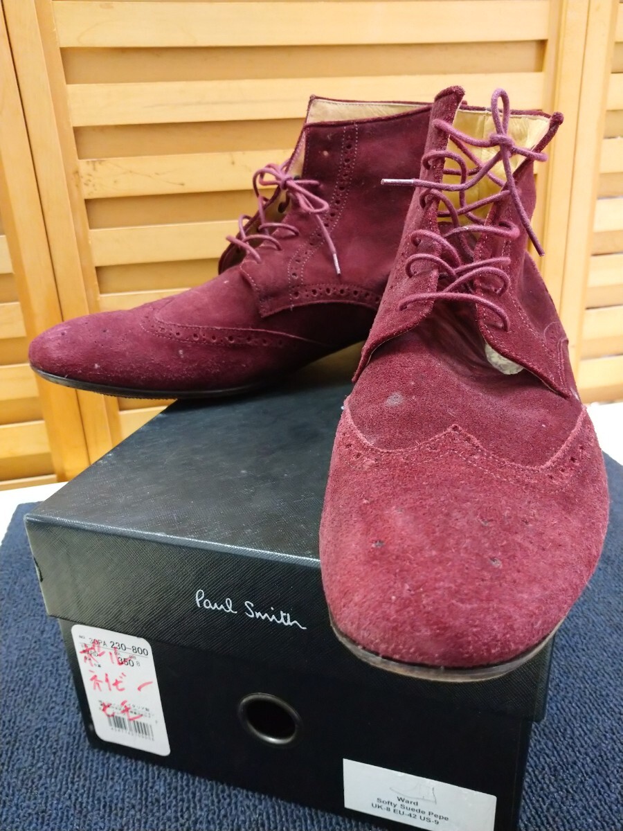 ZB817 靴 26-6-5cm スエード ポール・スミス スエードブーツ レザー ショートブーツ PS 深赤 ワインレッド ビジネスシューズ ドレス