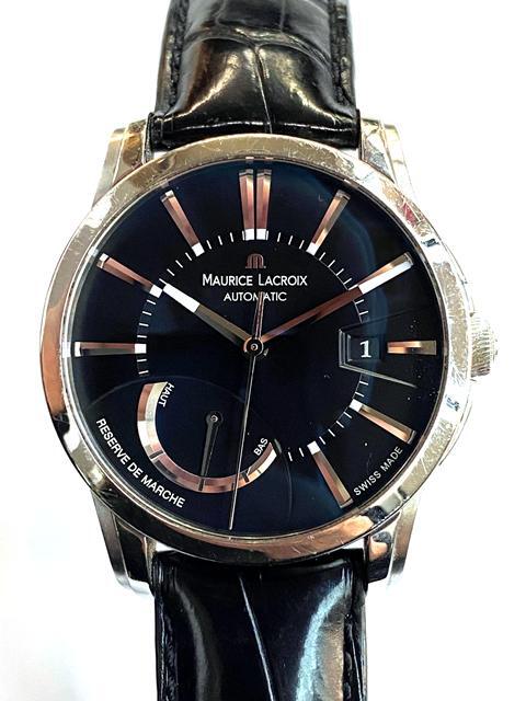 【即決】 MAURICE LACROIX モーリスラクロア ポントス パワーリザーブ PT6168 腕時計 自動巻き SS 革 黒 ブラック ステンレス