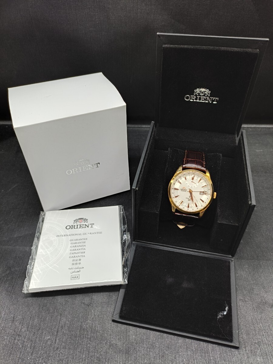 22★ ORIENT オリエント Polaris ポラリス GMT パワーリザーブ レザーベルト DJ05-D0-A CA 自動巻き 裏スケ メンズ 腕時計 稼働品
