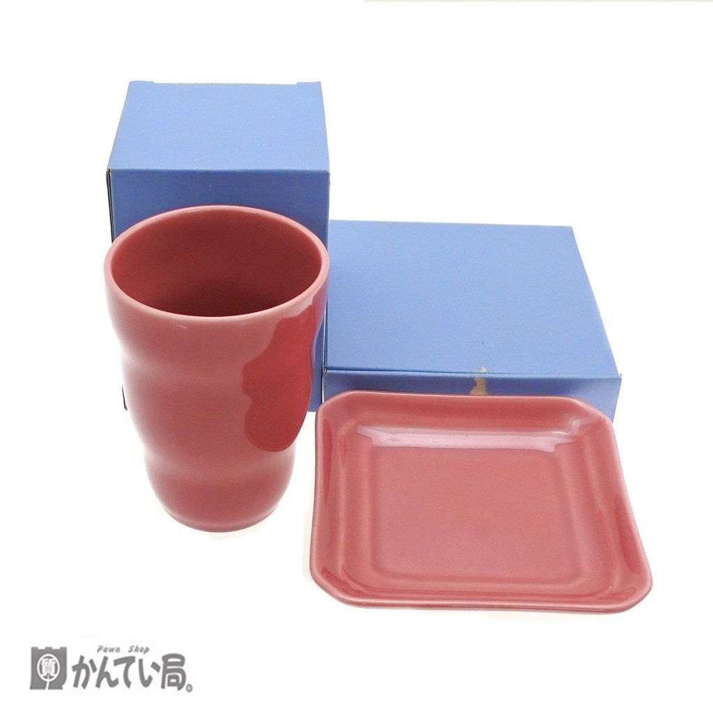 未使用 保管品 マ・クルール 貫入 (ヒビ入り) 角皿 タンブラー 2点セット まとめ ローズ レッド系 箱有り 陶器 洋食器 グラス コップ 平皿
