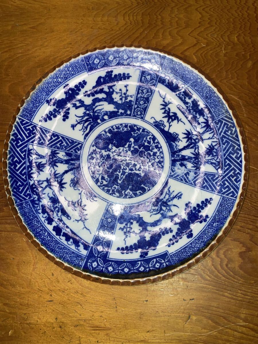 管R106 イゲ皿 印判 松 竹 梅 扇窓絵 大皿 1客 直径約25cm