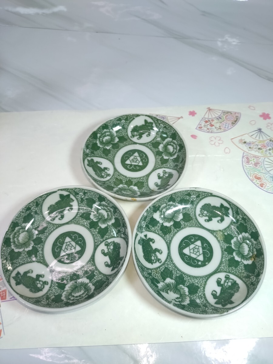 管W472 希少 時代物 図変わり 印判小皿 唐獅子牡丹図 3枚 手塩皿