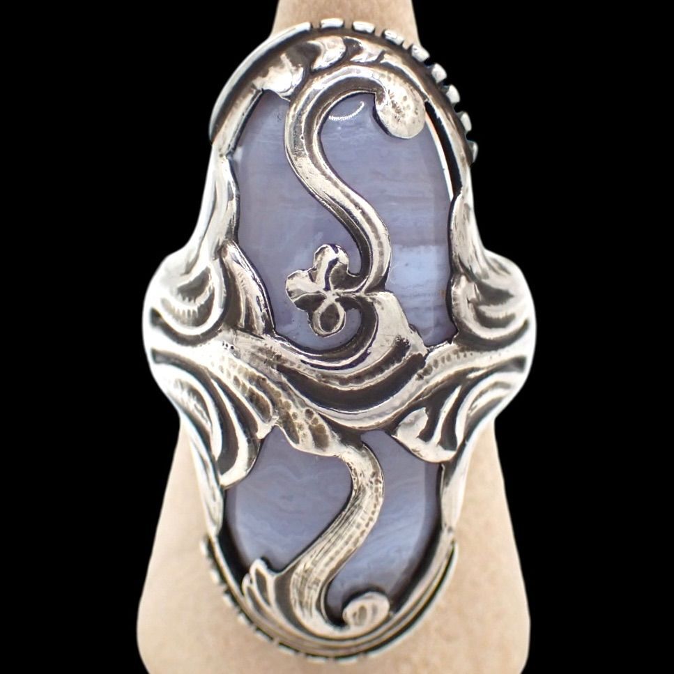 レア Georg Jensen ジョージジェンセン #18 リング ブルーカルセドニー 925 シルバー 指輪 シルバーアクセサリー 4702