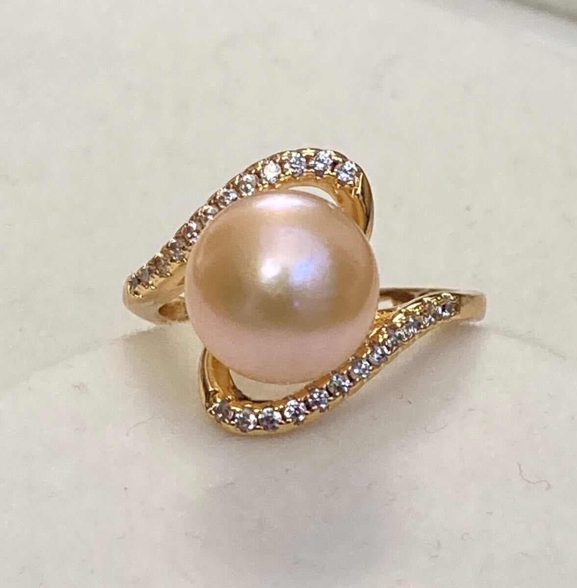 照り抜群　真珠リング　淡水パール　フリーサイズリング　さくらピンク　調整可能　K18GP 10mm
