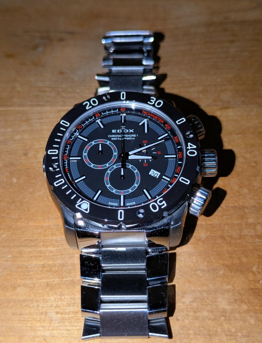 美品 EDOX エドックス クロノオフショア1 クロノグラフ 10221 クォーツ 500m防水 完動品 鏡面仕上げブレス 付属品無し