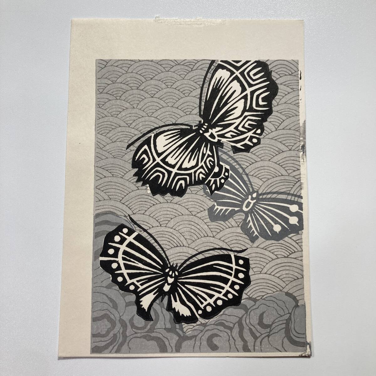昭和 木版画｜蝶 青海波図｜13×18cm 無署名 和風装飾 小品