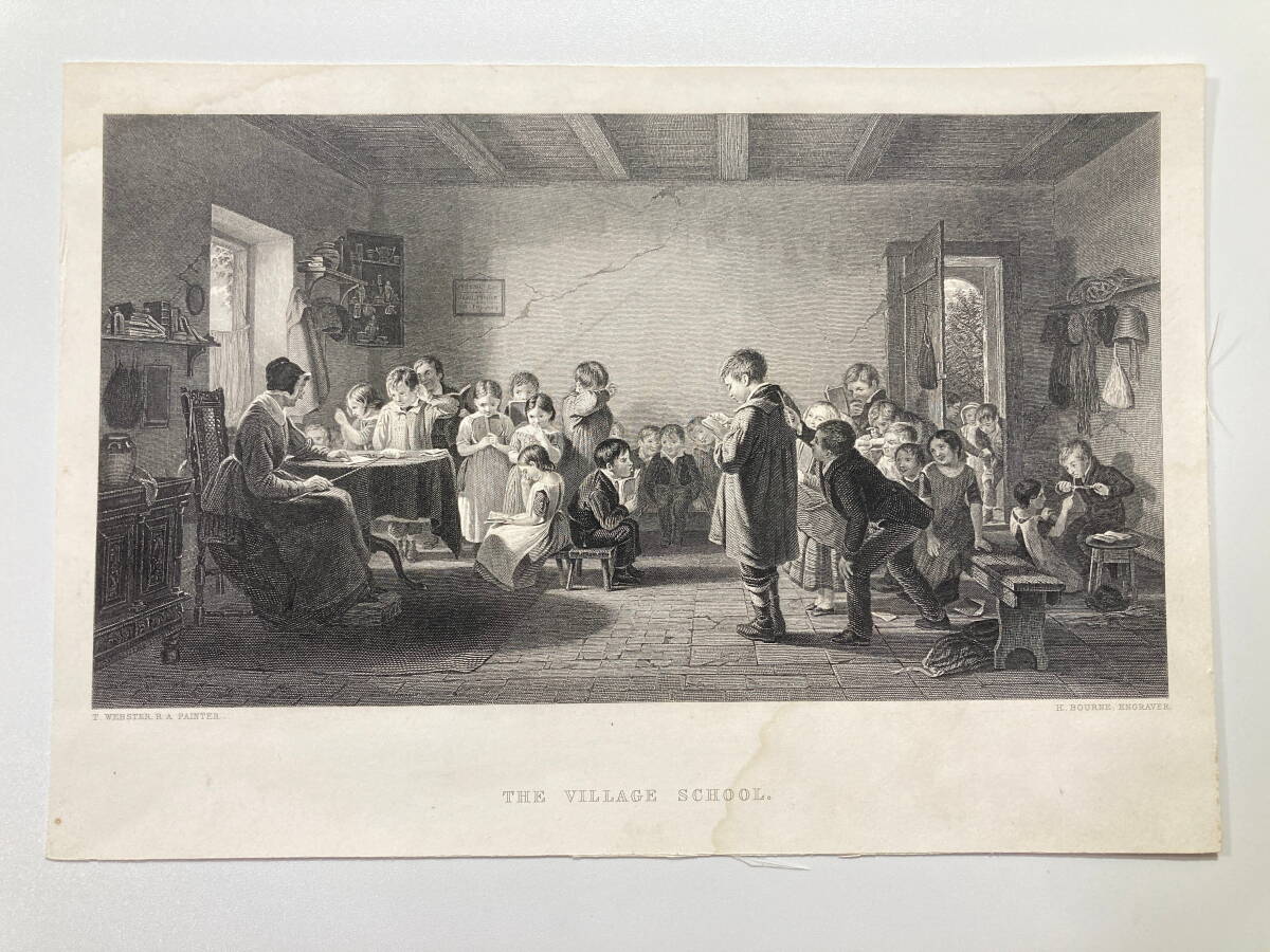 THE VILLAGE SCHOOL 印刷画｜27.8×19cm T.Webster H.Bourne 英国版画風 アンティーク調