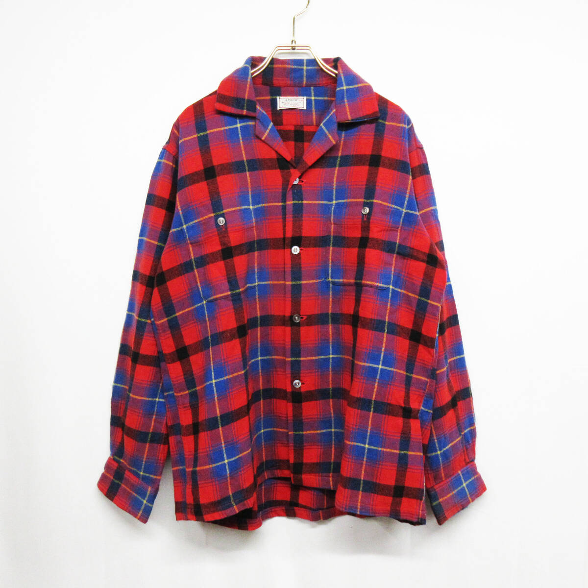 kkm5673 オープンカラーシャツ 60s ARROW/アロー チェック ウールシャツ サイズL SANFORLANタグ ネル ボードシャツ ヴィンテージ 