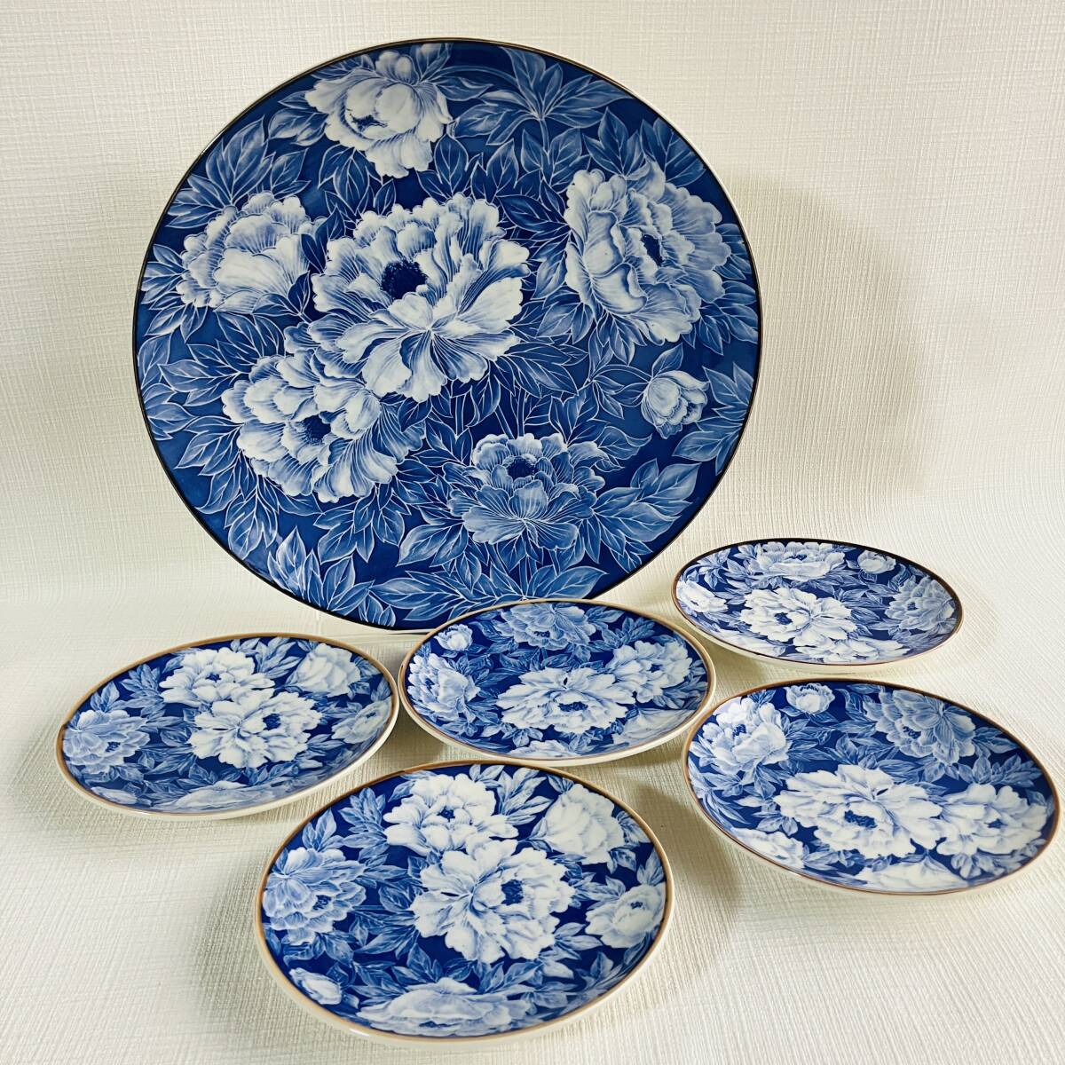 ■未使用品 大皿 小皿 牡丹 寿司揃 ５客 セット 祥風土 Ohtetsu 盛皿 取り皿 和食器■H21