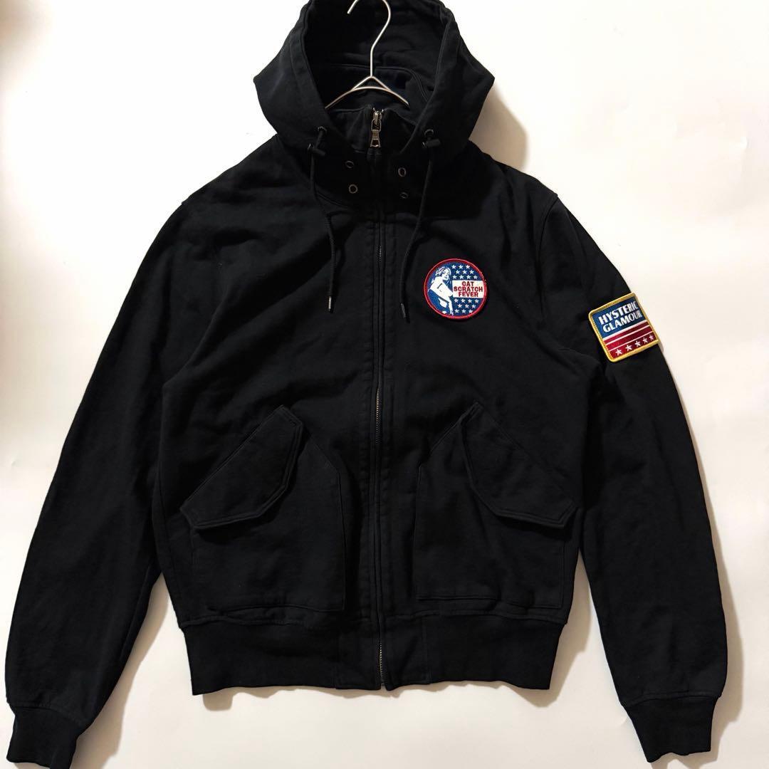 HYSTERIC GLAMOUR ヒステリックグラマー ヒスガール ジップパーカー フルジップ スウェットパーカー ワッペン 刺繍ロゴ ブラック L
