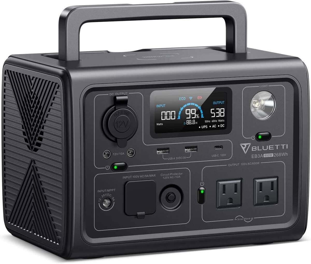 新品　BLUETTI ポータブル電源 EB3A 268Wh/600W APP遠隔操作 EPS機能付き 電力リフト機能付 エコモード機能搭載 リン酸鉄リチウム 純正弦波