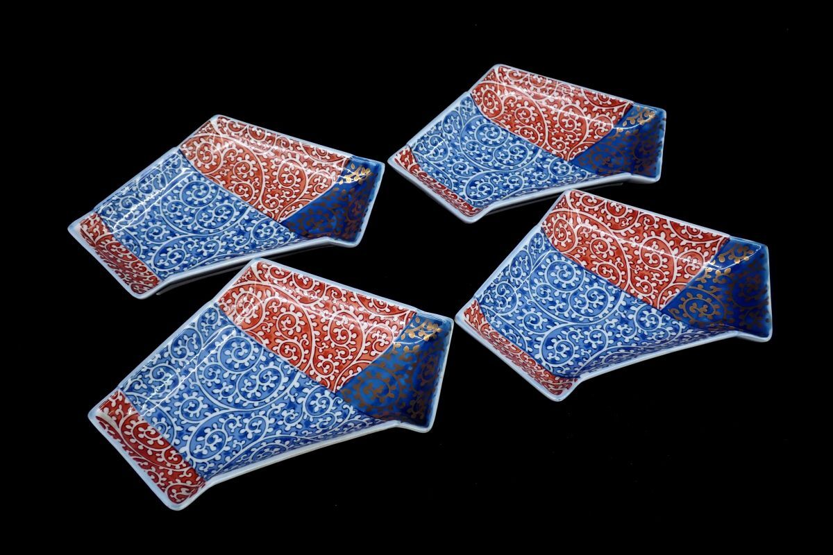 ▲食器09 有田焼 蛸唐草 金彩結び皿 4客▲和皿/染付/赤絵/刺身皿/消費税0円