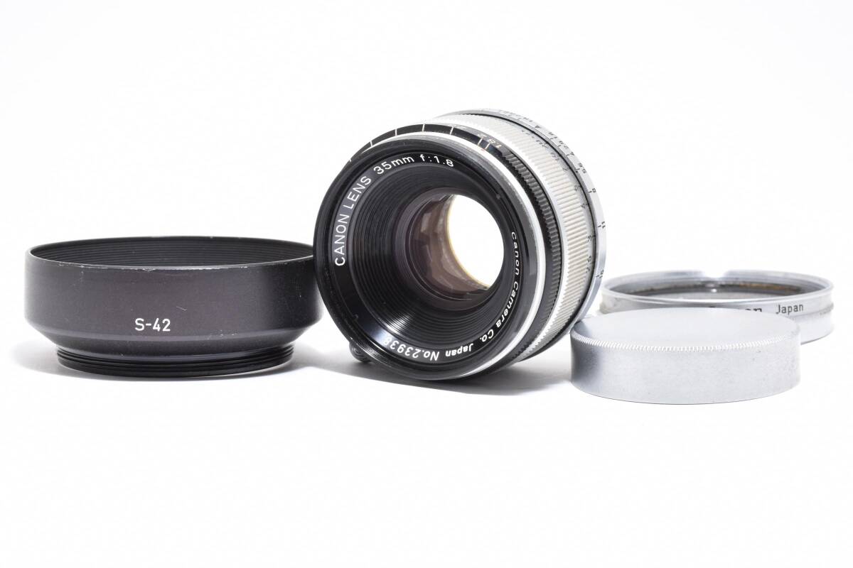 #5185 【希少フード付】 Canon 35mm F1.8 Lマウント L39 ★人気の広角レンズ★和製ズマロン★動作OK