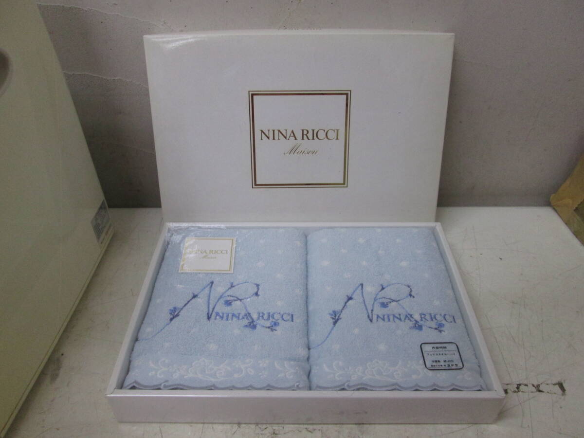 (11)☆ NINARICCI ニナリッチ フェイスタオル 2枚ドット柄 ブルー系 刺繍 スカラップ 未使用