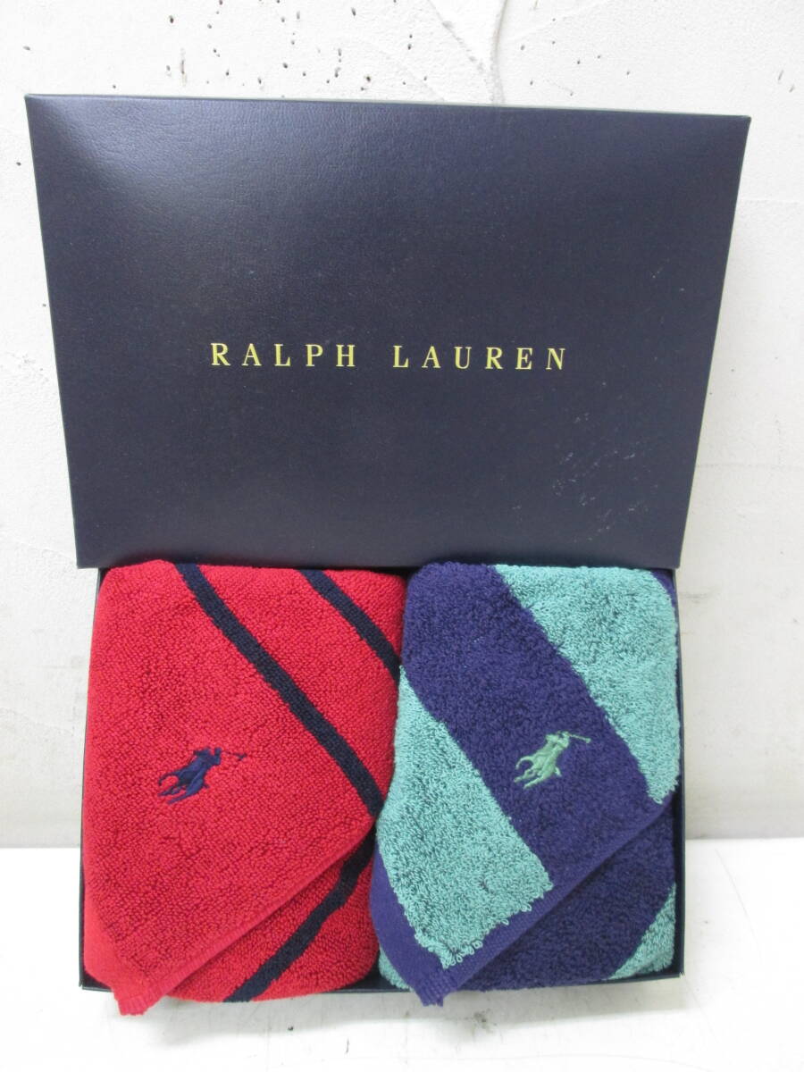 (12)♪RALPH LAUREN ラルフローレン フェイスタオル 2枚セット レッド グリーン ポニー刺繍 未使用