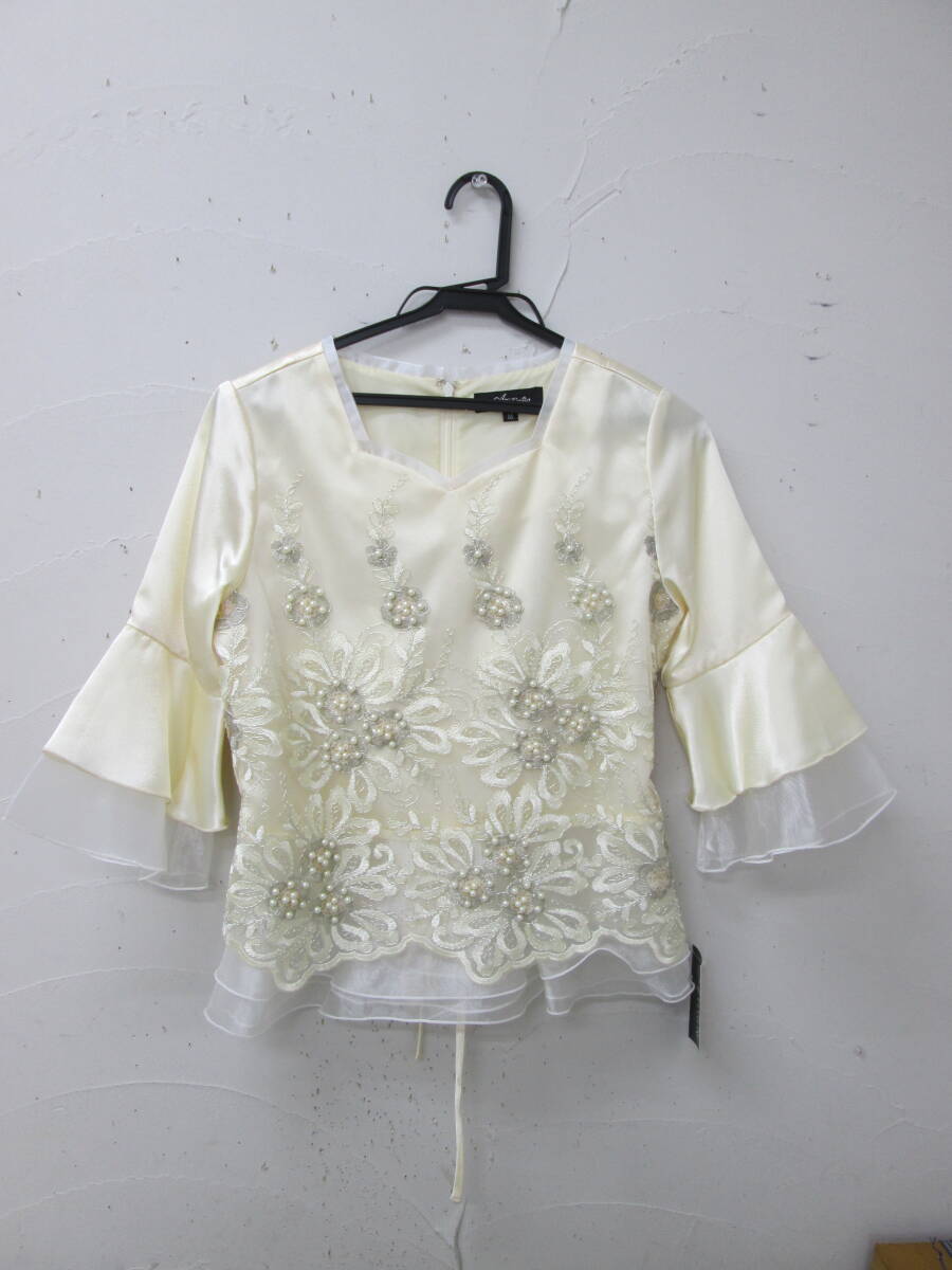 (12)☆Avivare パーティードレス トップス 社交ダンス 衣装 サイズM ベージュ系 刺繍 フェイクパール スパンコール タグ付き 未使用 