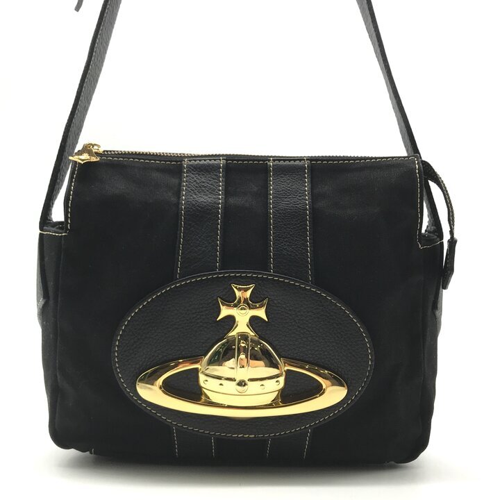 良品 Vivienne Westwood ヴィヴィアンウエストウッド キャンバス オーブ 金具 ショルダー バッグ ブラック ゴールド金具 ブランド r928