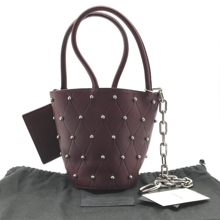 超美品 Alexander Wang アレキサンダーワン レザー スタッズ チェーン バケット ハンド バッグ ボルドー レディース ブランド 鞄 BAG k7490