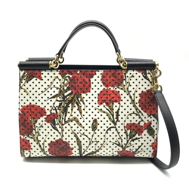 美品 Dolce & Gabbana ドルチェアンドガッバーナ 2WAY ハンド ショルダー バッグ レザー ドット 花 ホワイト ブラック レディース k7510